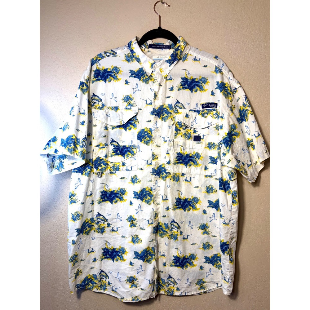 Columbia PFG Super Bonehead Fishing Shirt XL Short Sleeve Blue Yellow vented
